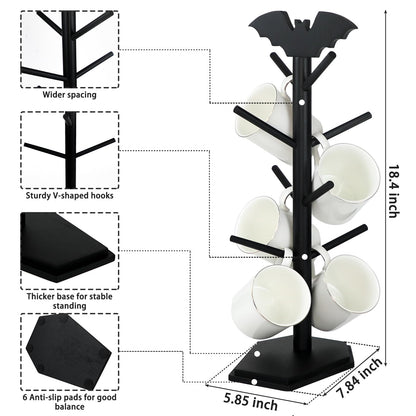 RSSCIIIUL Bat Mug Holder Tree - 8 Hooks Rack for Gothic Home Decor - Wood Mug Tree for Countertop - Cup Holder for Halloween Kitchen Organizer & Coffee Bar Accessories