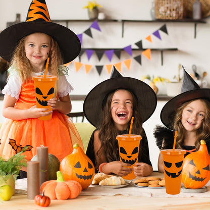 JarThenaAMCS 24Pcs Halloween Plastic Cups with Straws Lids Orange Pumpkin Plastic Tumbler Spooky Festive Cold Cups for Home Office Halloween Party Supplies
