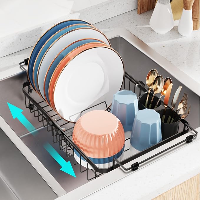 iSPECLE Dish Drying Rack Over the Sink, Expandable Dish Drainer for Small Kitchen, Apartment, RV, Dish Strainer with Utensil Holder and Twist-Lock, Space Saving, Black
