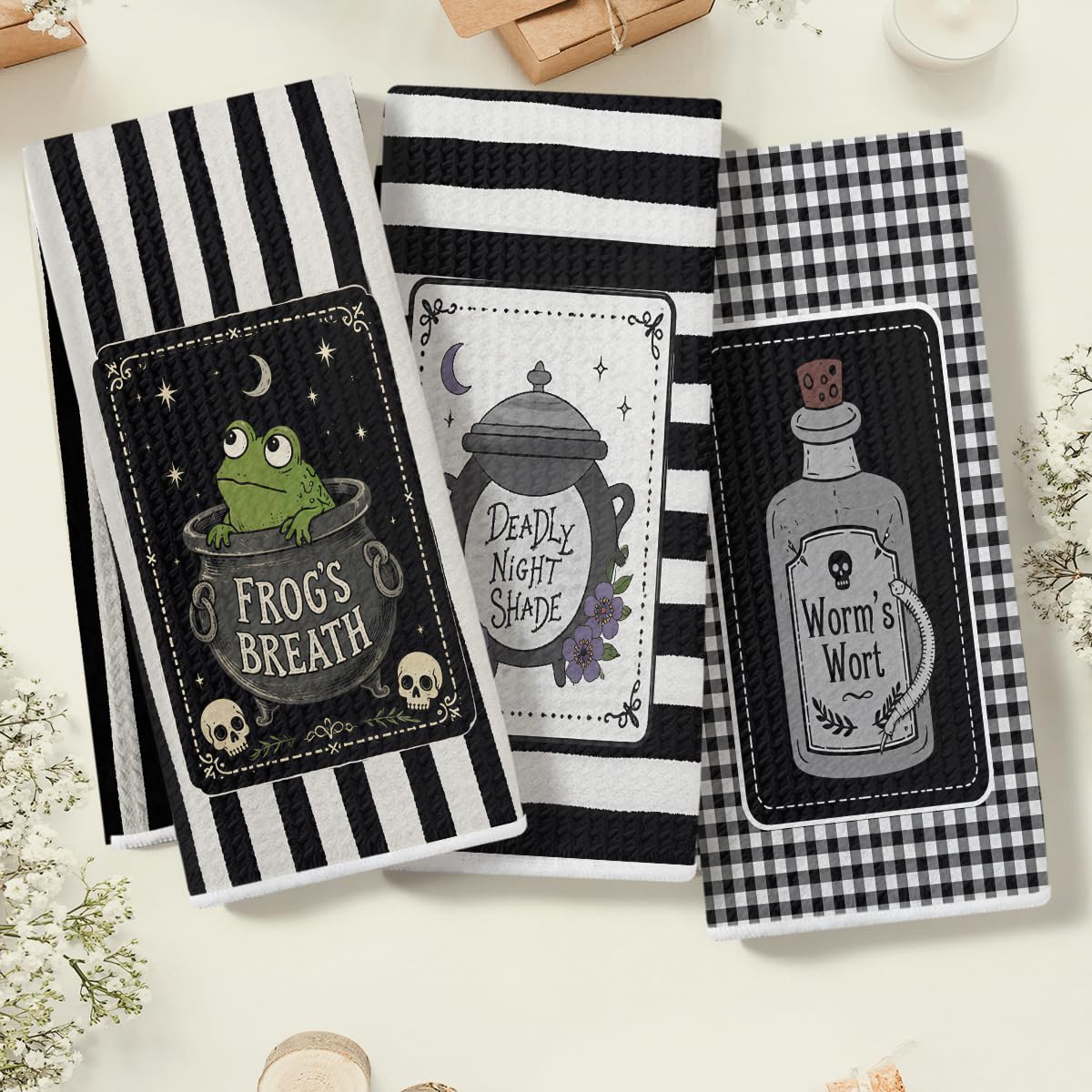 3 Pcs Frog Witchy Gifts Kitchen Towels, Funny Witch Decor Hand Tea Towels for Kitchen Bathroom Home Halloween Decor, Waffle Weave Absorbent Dish Towel, Witchy Lover Gifts for Women Friend 14x24 Inches