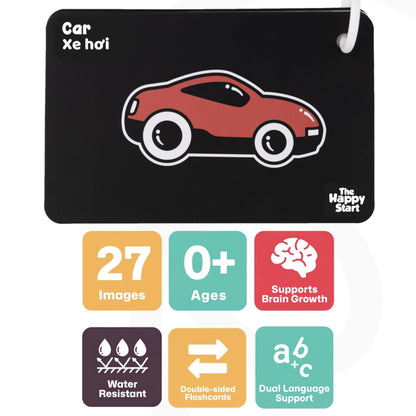 Happy Start High Contrast Baby Cards for Newborns - Black & White Cards, Water-Resistant, BPA-Free, Portable Educational Flashcards for Visual Stimulation, Award-Winning, Ages 0+(English & Vietnamese)