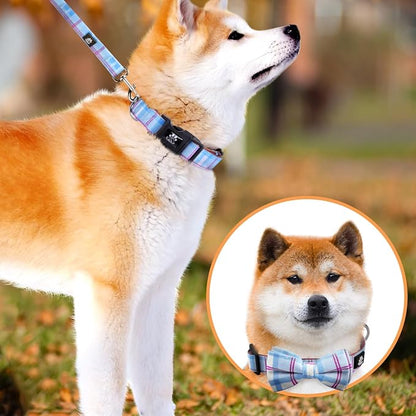 IVY&LANE Dog Collar with Bowtie and Leash Set | Plaid Adjustable Dog Collar | Detachable Bow Tie |5 FT Dog Leash | for Small Medium Large Dogs | Checkered Blue | Small