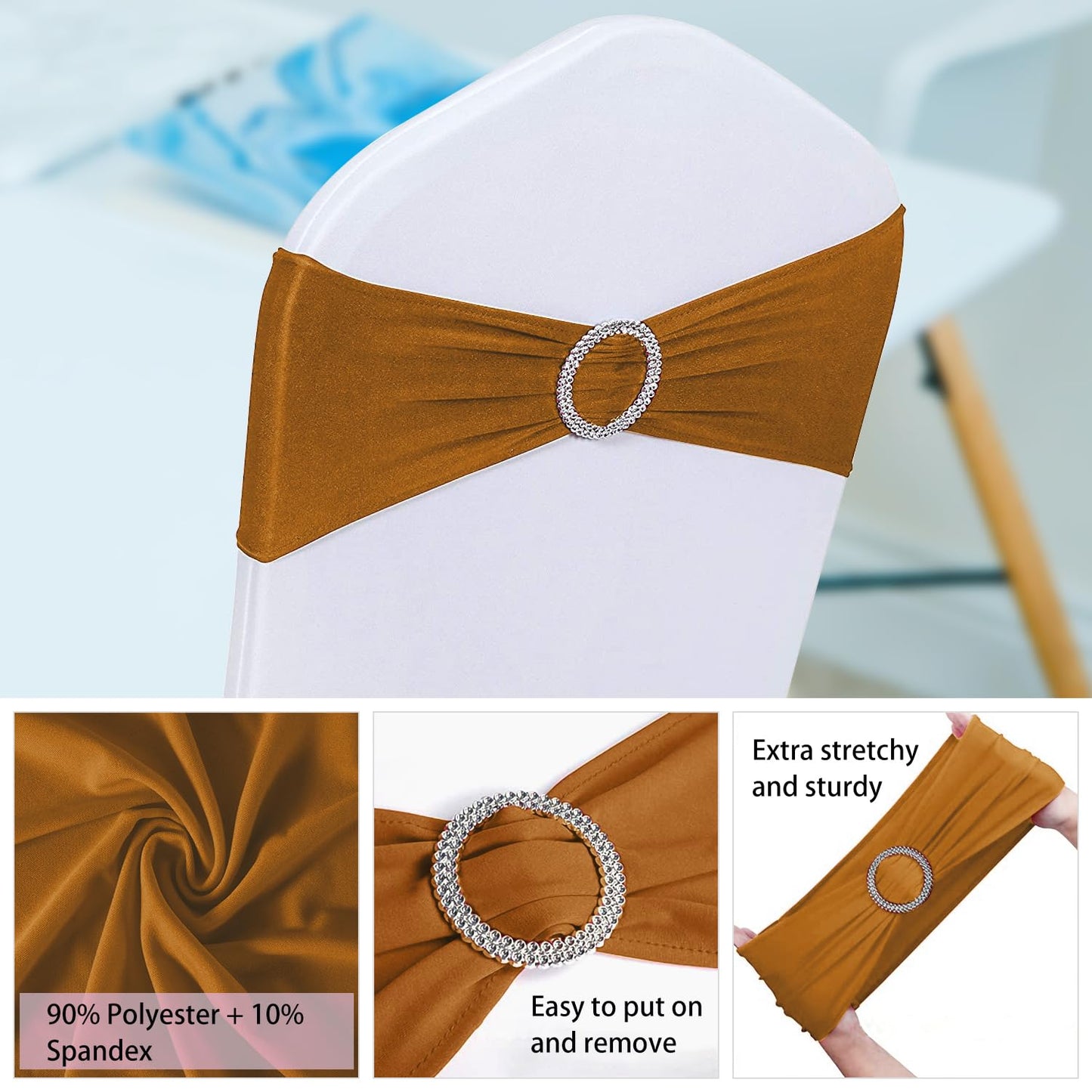 ManMengJi 25PCS Chair Sashes, Spandex Sashes Bows Brown, Chair Cover Bands with Buckle Slider for Banquet, Party, Hotel Event Decorations