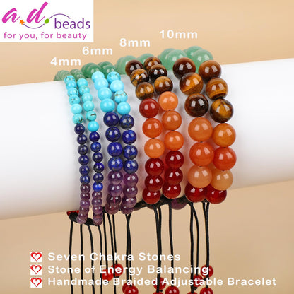 AD Beads 4mm Seven Chakra - Energy Balancing - Handmade Natural Stone Crystal Bracelet with Adjustable Macrame String - Yoga Healing Power Energy Gifts for Men and Women