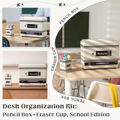 Gueevin 2pcs Pencil Dispenser for Classroom, Fun Desk Organizer with Eraser Holder, Interactive Pencil Storage for Teachers, Students & Homeschool Desk Organizer, Back to School Supplies(White)