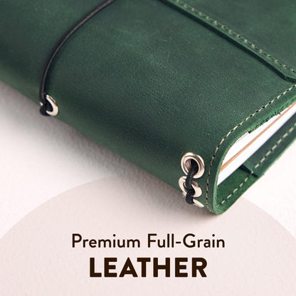 TORAKIP Genuine Leather A6 Journal Cover – Refillable Handmade Notebook Cover with 3 Elastic Bands, Pen Loop & Card Pockets – Travel Diary Case Fits A6 4.1" x 5.8" Notebooks (Paper Not Included), Green
