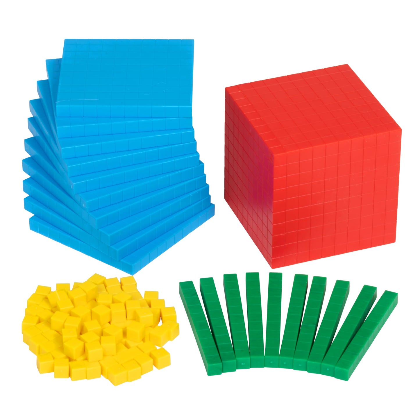 edxeducation Four Color Plastic Base Ten Blocks - 121 Pieces - Hands-on Math Manipulative for Kids - Teach Number Concepts, Place Value and Measurement - Math Learning Tools for Kids