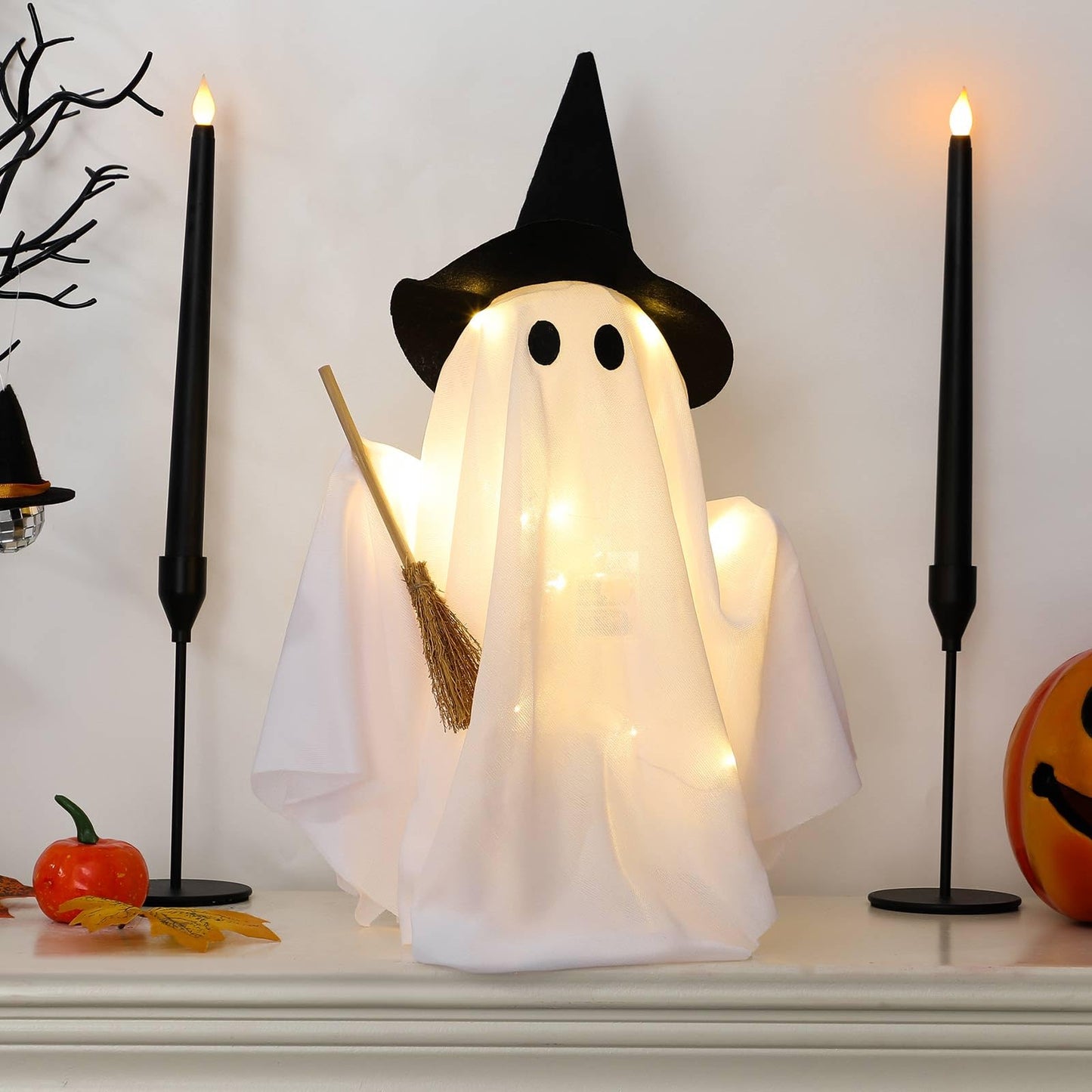 Leinuosen Light Up Disco Ghosts Halloween Decorations Indoor Spooky Ghosts with String Lights Witch Hats Broom Halloween Table Decor for Home Party Table Mantel Room Kitchen Haunted House (Fabric)