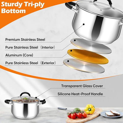 P&P CHEF Stainless Steel Stock Pot, 4 Qt Cooking Soup Pot with Visible Lid for Pasta, Tri-Ply Bottom & Dual Heatproof Handles, For Induction Gas All Stoves, Non-Toxic & Dishwasher Safe