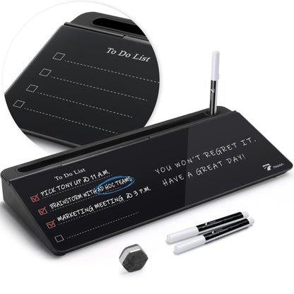 TOWON Black Desktop Whiteboard with todo List Templates, White Board Dry Erase Small for Desk, Glass Reminder Memo Notepad to-do List Dry Erase with Storage, Lined & Free Section, 16x7 Inches