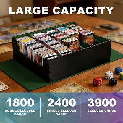 Magnetic Leather Trading Card Storage Box - 5-Row Deck Case Design, 3900+ Capacity for YuGiOh, MTG, TCG and Sports Cards, Includes 24 Colorful Dividers & 5 Card Supports (Black/Green)