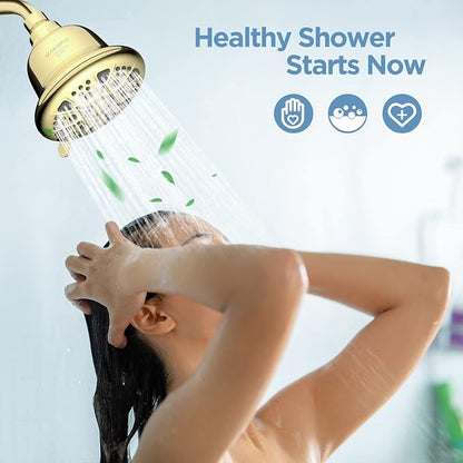 MakeFit Filtered Shower Head - High Pressure Rain - Shower Head with filter for Hard Water - Luxury 7 Settings Adjustable Water Filter Showerhead (Gold)