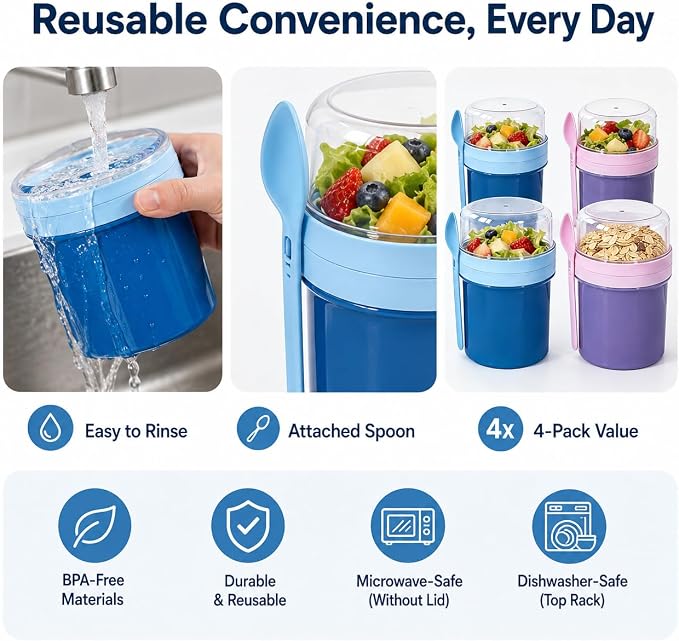 27oz Reusable Yogurt Parfait & Overnight Oats Cups – 100% Leakproof with Lid & Spoon, 4-Pack for Meal Prep, Breakfast & Gym Lunch(Purple,Blue)