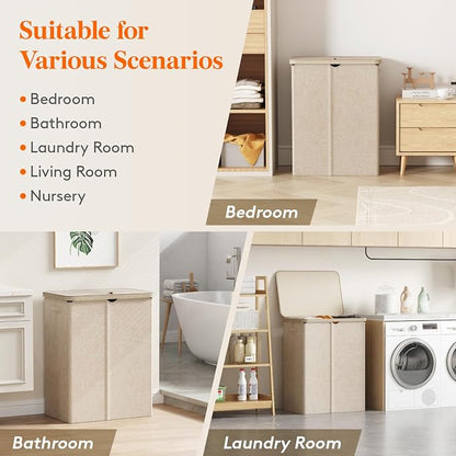 Lifewit 165L Large Laundry Basket with Lid, Laundry Hamper with Plastic Handles and Removable Bag, Foldable Tall Dirty Clothes Hampers for Laundry for Laundry Room, Bedroom, Bathroom, Dorm, Beige