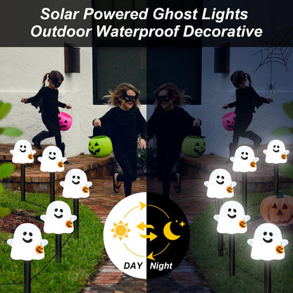 BRIGHTDECK Solar Halloween Ghost Pathway Lights, 10 Pack Ghost Stake Lights with Pumpkin Design, Durable Waterproof Outdoor Halloween Decoration for Garden, Walkway, and Yard (Cold White)
