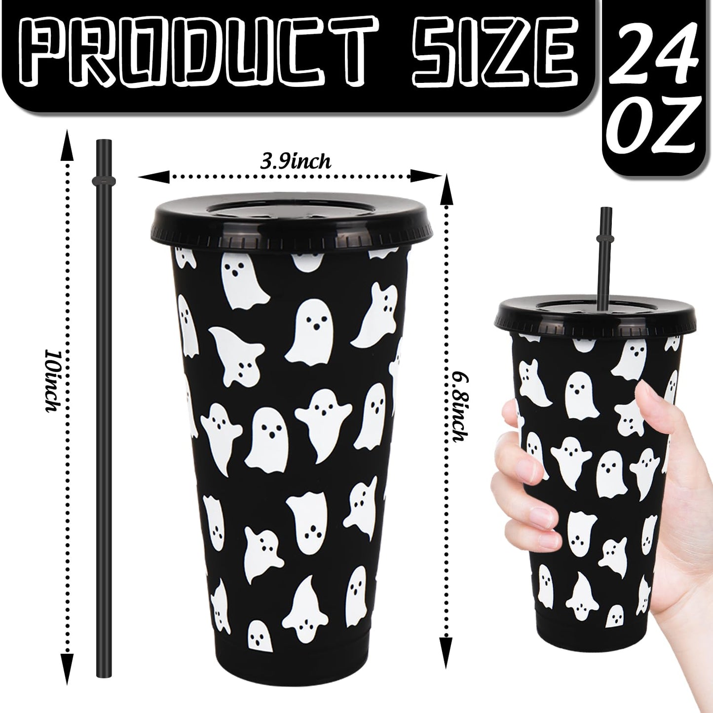 JarThenaAMCS 12 Pcs Halloween Ghost Party Cups with Lids Straws Cute Ghost Boo Plastic Tumblers Black White Reusable Water Bottle for Hot Cold Drinks Birthday Party Baby Shower Table Decor, 24 Oz