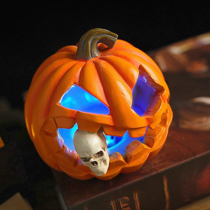 Resin Thanksgiving Day Pumpkin Lantern Skull Figurines with LED Lights, Spooky Jack O' Lantern Statue for Indoor & Outdoor Halloween Decor, Table Centerpiece for Living Room, Bedroom, Party, Yard
