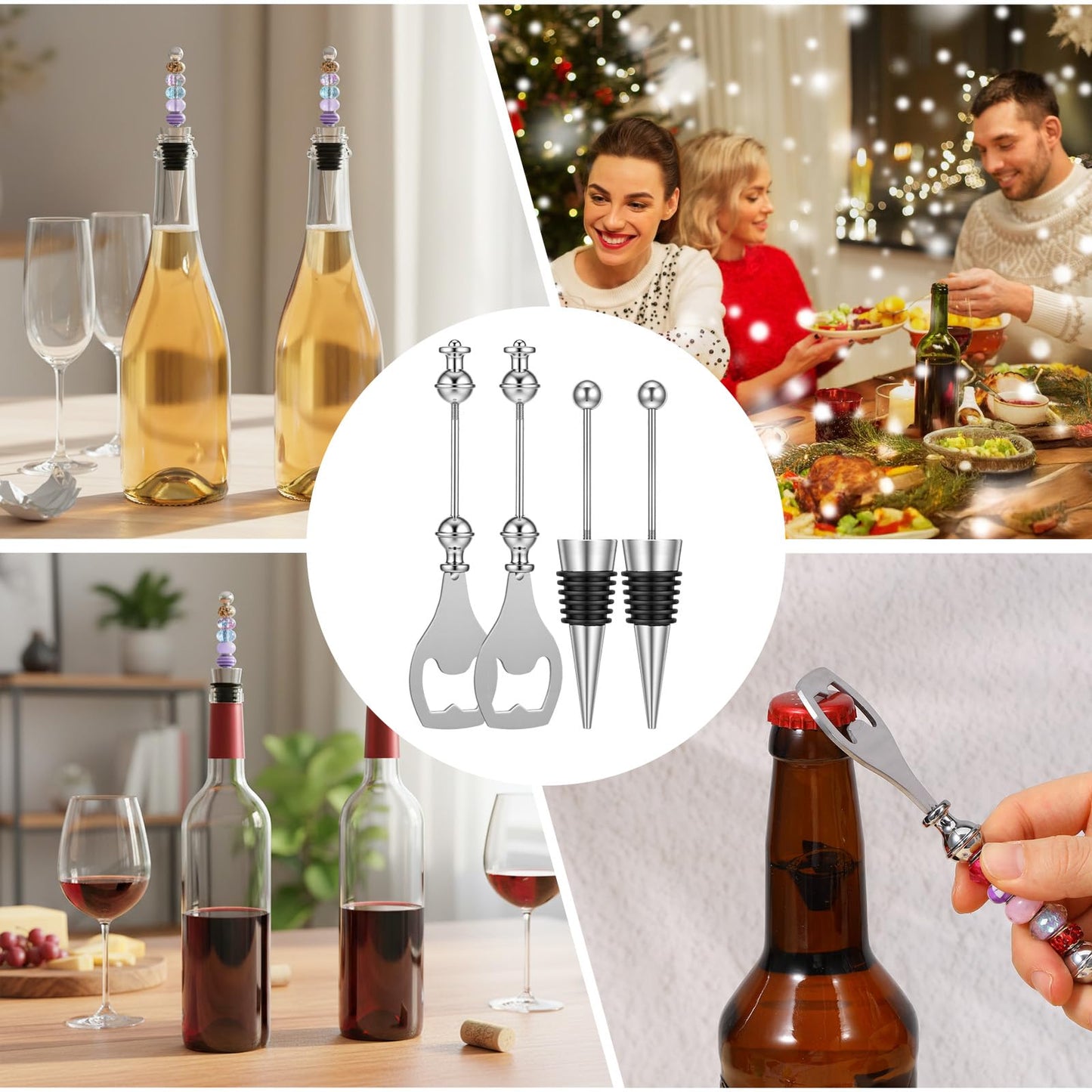 Afcabakila 20 Pcs Beadable Wine Stoppers and Beer Openers Bulk, Reusable Alloy Decorative Bottle Stopper, DIY Craft Beer Opener Set for Spring, Summer, Fall, Halloween, Christmas, Party Favor Gifts