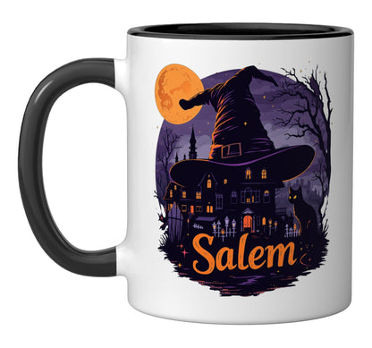 Vintage Salem Massachusetts Halloween Skyline Cityscape Ceramic Mug, Black/White