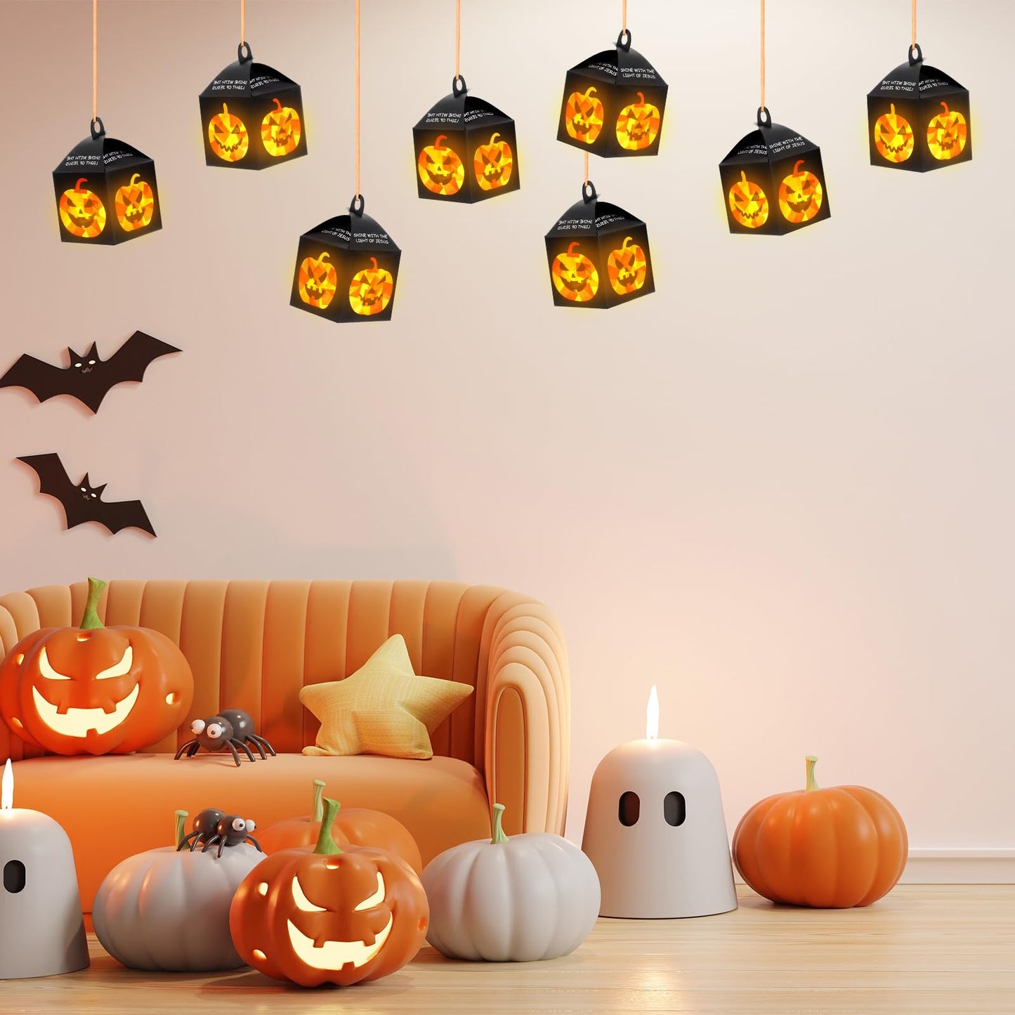 Simgoing 12 Sets Halloween Jack-O-Lantern Crafts with LED Candlelight Christian Shine with the Light of Jesus Tissue Paper Crafts Kits DIY Religious Hanging for Halloween Party Decors