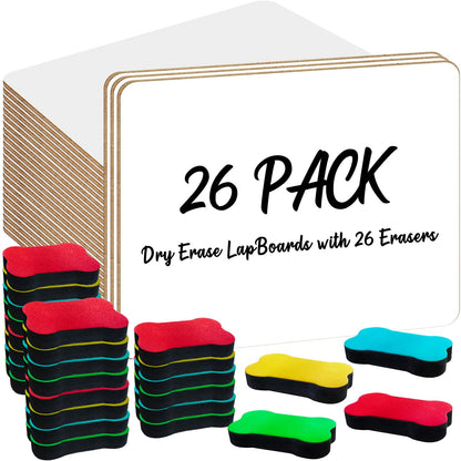 OSIMIG 26 Pack Small White Board Dry Erase, Mini Dry Erase Board 9" x12”, Double Sided Personal Whiteboards with 26 Erasers, White Boards for Students Teachers School Supplies