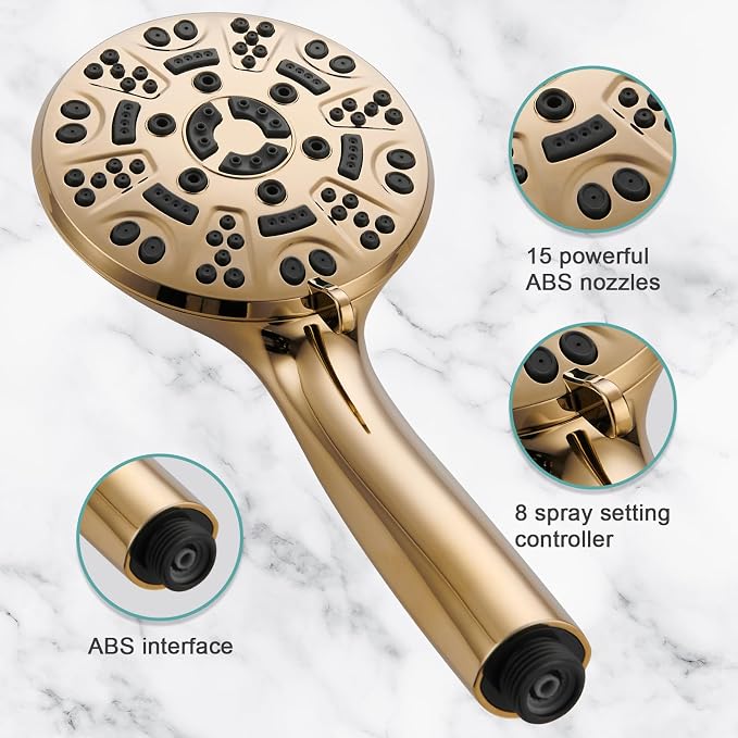 Cobbe 8-Setting Handheld Shower Head Bathroom Showerhead Set - Detachable Shower Heads with 5ft Stainless Steel Hose and Brass Swivel Bracket (Gold)