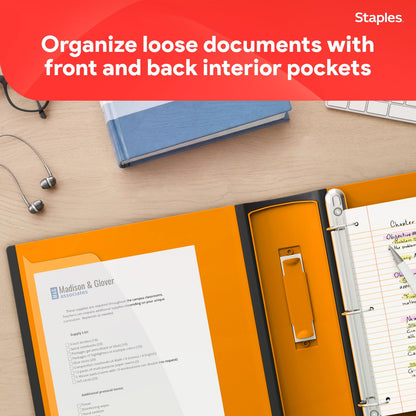 Staples 3" D‑Ring Heavy‑Duty View Binder, Orange, Durable 3‑Ring Binder with Reinforced Construction, Holds Up to 600 Sheets for School & Office