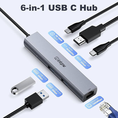 intpw USB C to USB A Hub 6 Ports with 4K HDMI Ethernet 100W PD Type C Hub USB 3.0 5Gbps Aluminum Adapter Multiport USB C Hub for Laptop, Mac, iPad, PC (1.97FT(6in1,HDMI 4K))