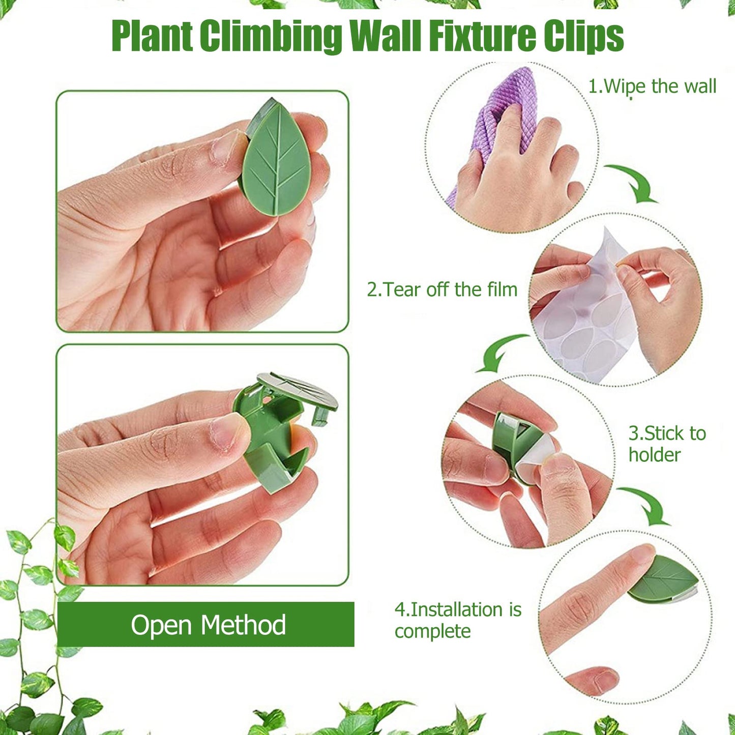 100 Pcs Plant Climbing Wall Fixture Clips Self Adhesive Hook Wall Vines Traction Fixing Support Binding Clips Invisible Holder Climbing Plant Garden Green Leaf Indoor Outdoor Decoration
