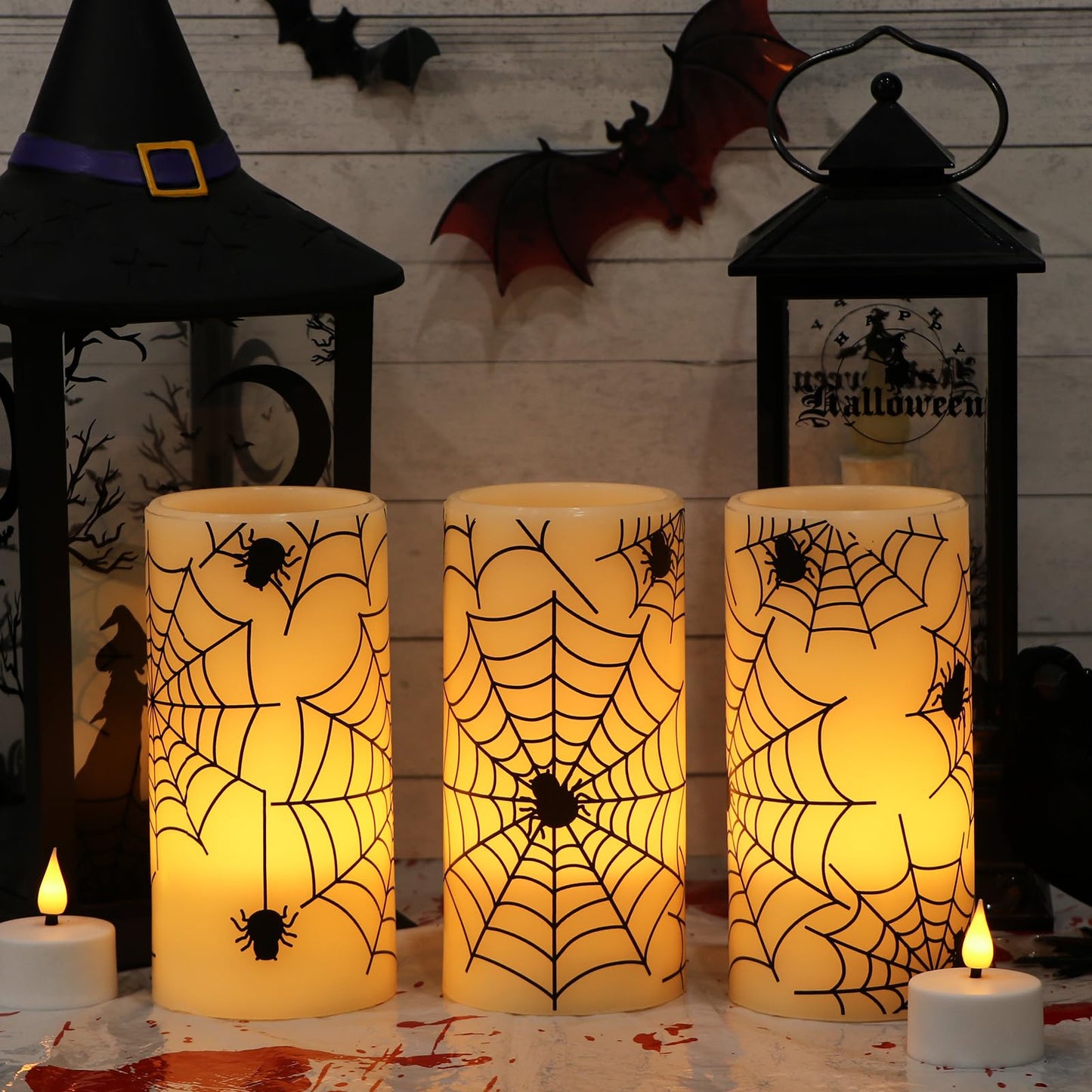 GenSwin Halloween LED Flickering Flameless Candles Battery Operated with Spider Decals, 3 Pcs Pillar Candlestick Real Wax with 6H Timer for Decoration