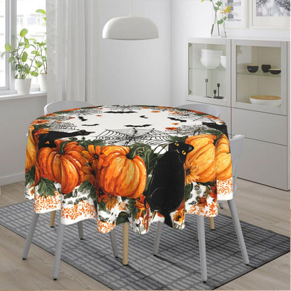 Halloween Pumpkin Bat Round Tablecloth 60 Inch, Black Cat Decorations Round Table Cloth for Halloween Holiday Picnic Party Kitchen/Home Dining Decor