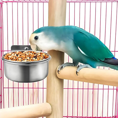 Parrot Feeding Cups Stainless Steel Bird Cage Feeder & Water Bowl - Chew-Proof Food Bowls with Clamp Holder for Parrot, Cockatiel, Conure, Budgie, Macaw, and Small Animals (L-1Pc)