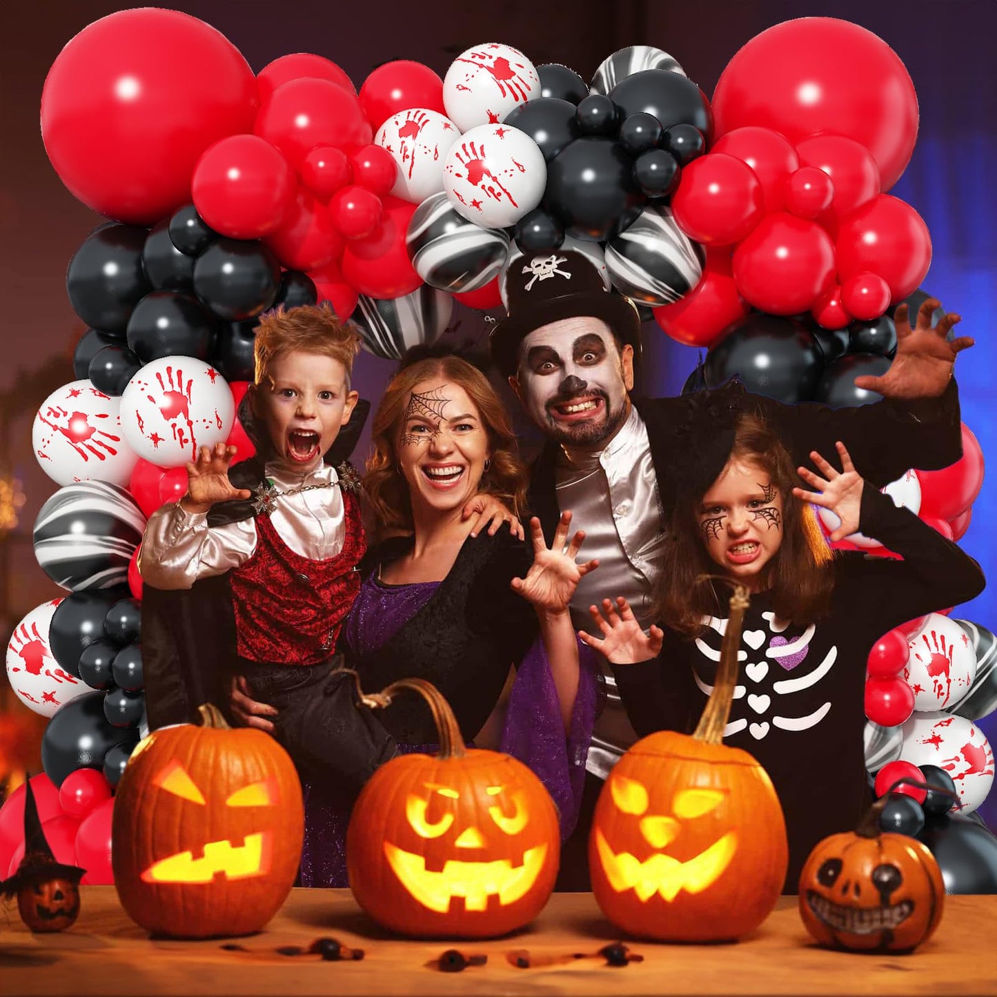 Halloween Balloons Garland Arch Kit, 125 PC Red Black Scary Balloons with Marble Bloody Hand Prints, Horror Decorations for Scream Creepy Gothic Halloween