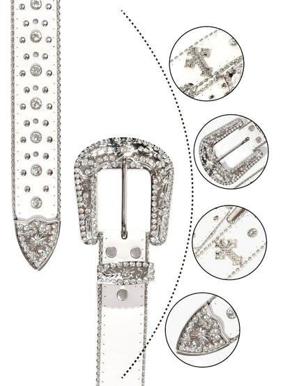 Strapvia Rhinestone Belt for Men & Women, Western Cowboy Cowgirl Belt with Bling Cross Design for Jeans (Full white, waist size 38"-41")