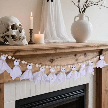 Halloween Decorations Indoor，7Ft Cute Halloween Ghost Garland with Wooden Beads，Handmade Rustic Banner for Mantel Wall Home Office School Indoor Outdoor Spring Decor Supplies