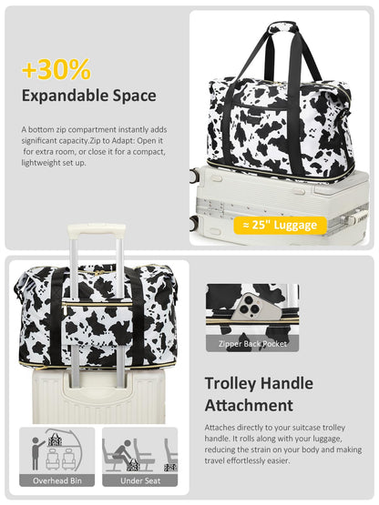 Expandable Travel Duffle Bag, Waterproof Weekender Overnight Bags for Women Men Hospital Bag for Women Labor Delivery Carry on Bag with Toiletry Bag for Travel Gym Airplanes(Cow Print, X-Large)