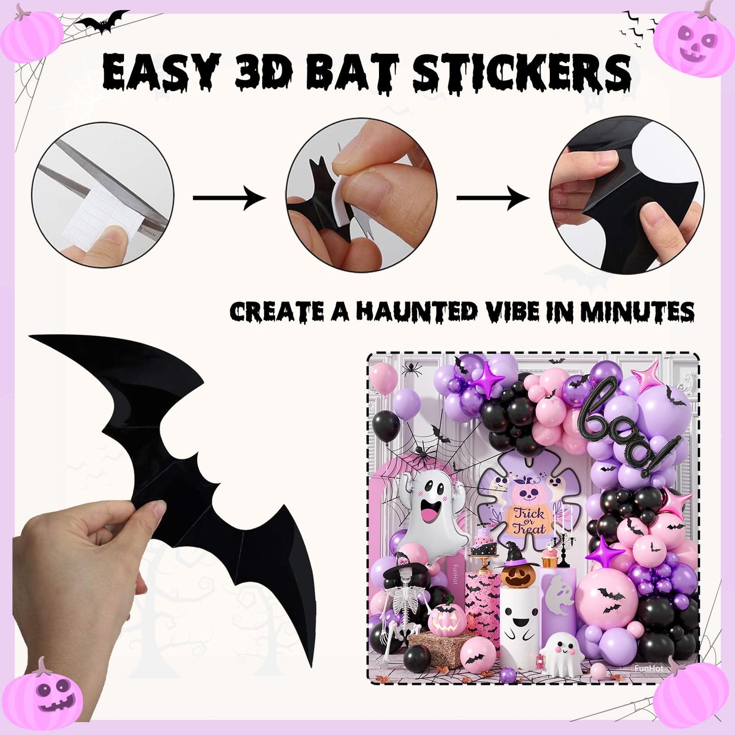 Halloween Balloon Arch Garland, Pink Purple Balloons with Star Cute Ghost Boo Foil Balloon, Metallic Purple Pink Black Latex Balloons Bat Stickers for Kids Girls Birthday Halloween Party Decorations