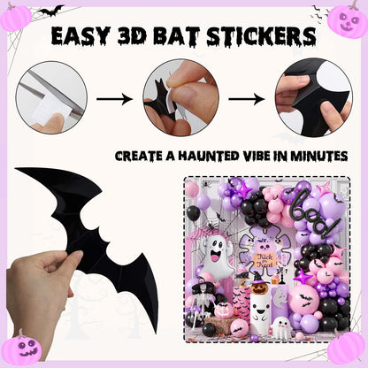 Halloween Balloon Arch Garland, Pink Purple Balloons with Star Cute Ghost Boo Foil Balloon, Metallic Purple Pink Black Latex Balloons Bat Stickers for Kids Girls Birthday Halloween Party Decorations