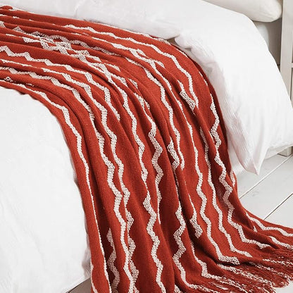 BOURINA Fluffy Chenille Knitted Fringe Throw Blanket Lightweight Soft Cozy for Bed Sofa Chair Throw Blankets, Rust 50" x 60"