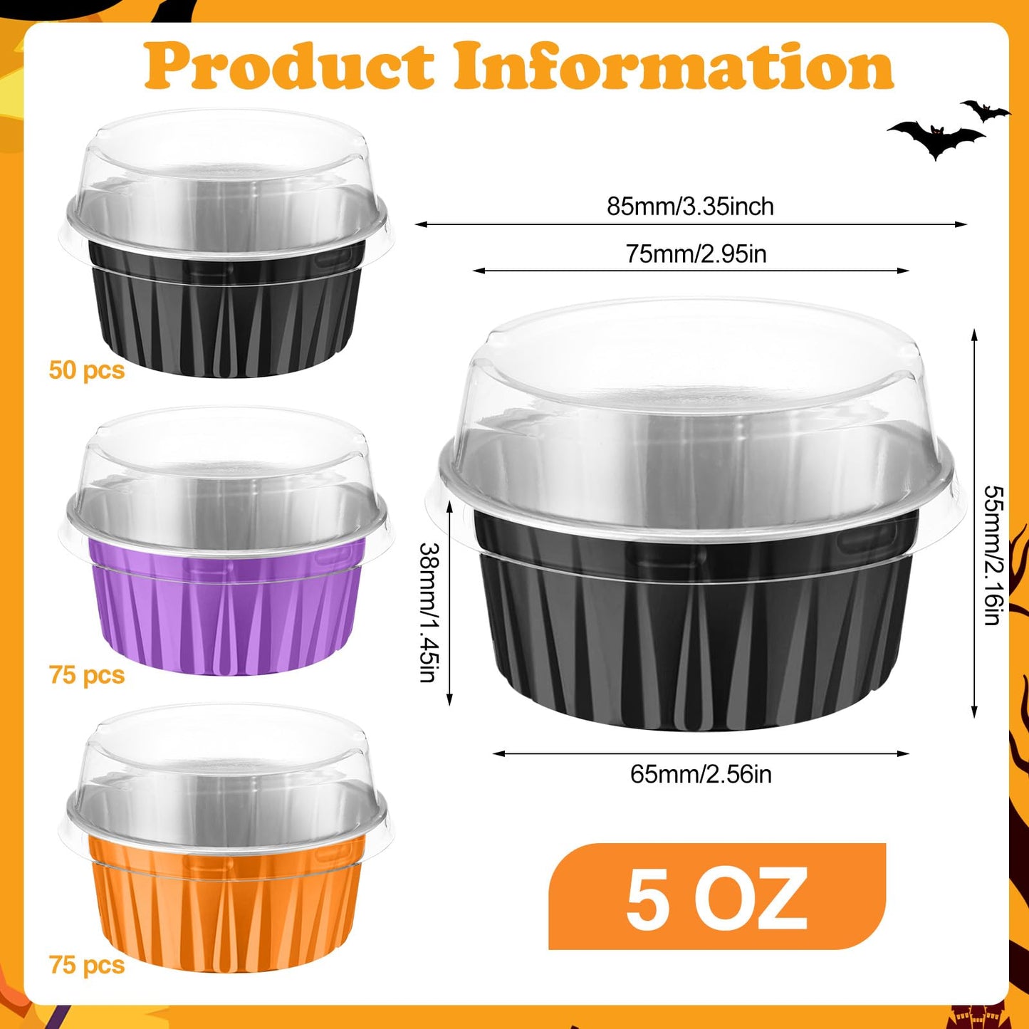Gandeer 200 Pack Aluminum Foil Cupcake Liners with Lids, 5 oz Round Baking Cup, Disposable Ramekin Container for Graduation Wedding Independence Day Party(Purple, Orange, Black,Halloween)