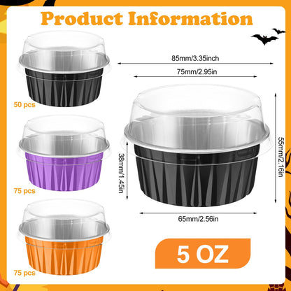 Gandeer 200 Pack Aluminum Foil Cupcake Liners with Lids, 5 oz Round Baking Cup, Disposable Ramekin Container for Graduation Wedding Independence Day Party(Purple, Orange, Black,Halloween)