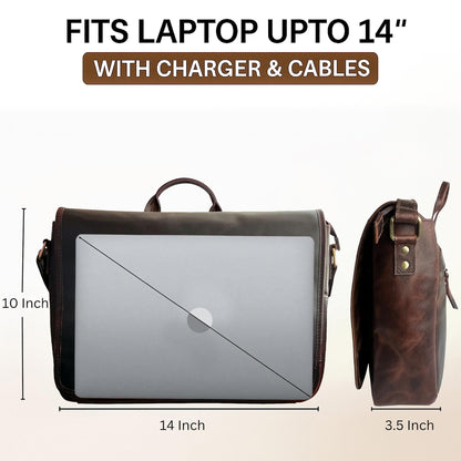 Leather Messenger Bag for Men 14 inch Leather Laptop Bag Vintage Crossbody Office Satchel Travel Shoulder Bag, Dark Brown