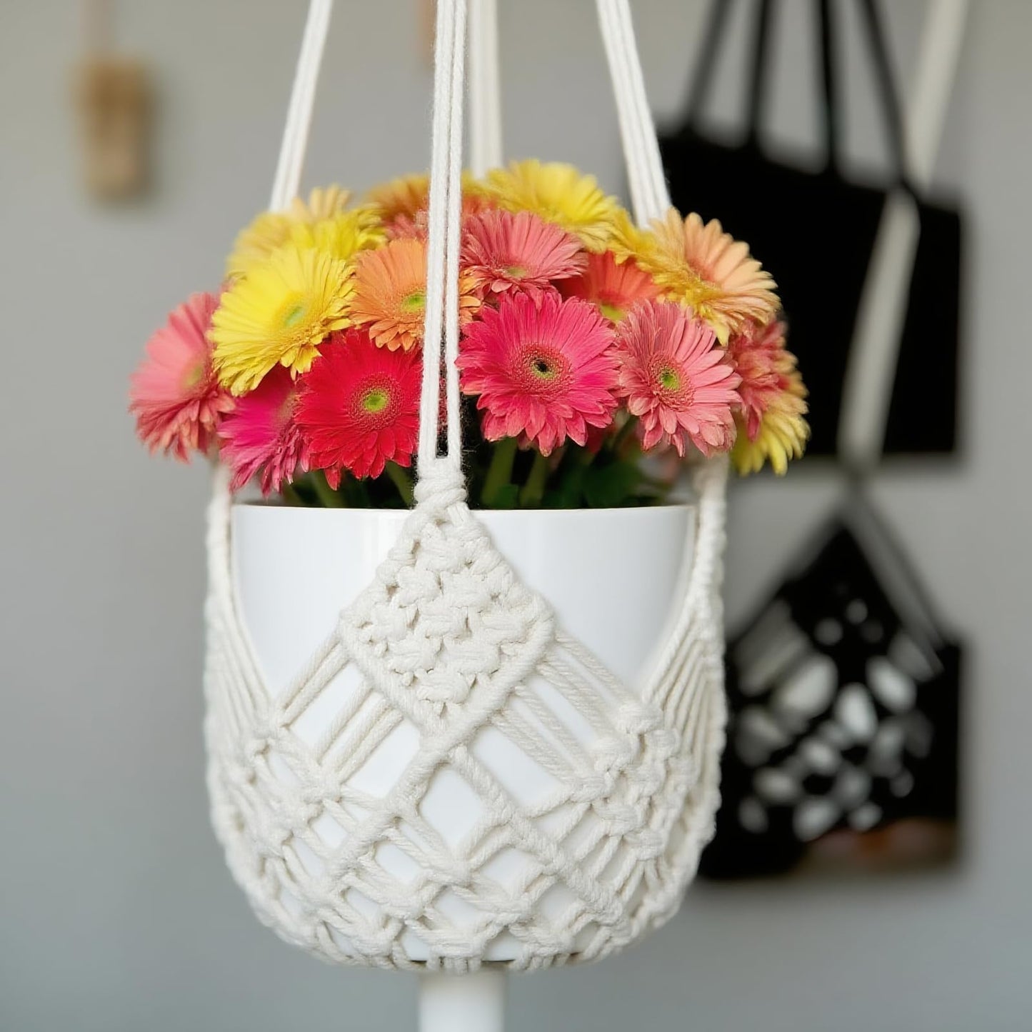 verkelly 2 Pack Macrame Hanging Planters with Patterns - Stylish Plant Hangers Crochet Boho Plant Holder Hanging Plant Basket for Up to 6 Inch Pots(White)
