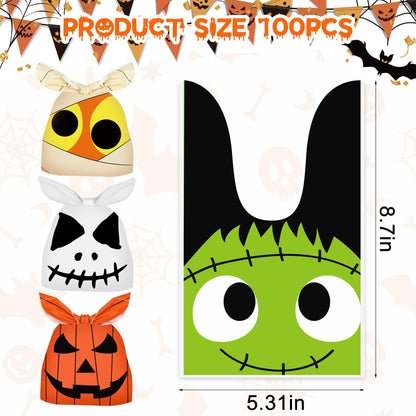 100 Pcs Halloween Treat Bags Rabbit Ear Candy Bags Trick or Treat Small Plastic Goodie Bag Halloween Party Favor Bags for Kids Party Favor Supplies, 4 Designs