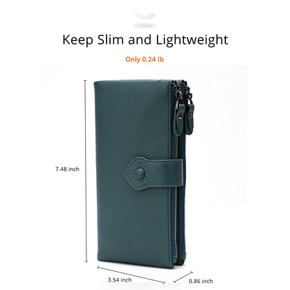 Bveyzi Women Soft Leather RFID Blocking Bifold Slim Wallets Ladies Credit Card Holder Double Zipper Pocket(Blue)