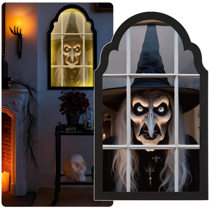 EZTZMCN 2025 Halloween Decorations Indoor - 15" x 9" Ghost Hologram Mirror with Witch, Spooky Wall Mirror - Decoration for Home Bedroom Party Room (No Battery)