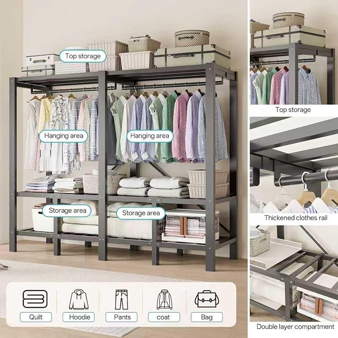 Foldable Portable Wardrobe Closet with Magnetic Doors & Cover, Heavy Duty Covered Clothes Rack with Hanging Clothing Rod, Metal Frame Standing Alone Closet for Bedroom (Door Design D, 70.9IN/180CM)