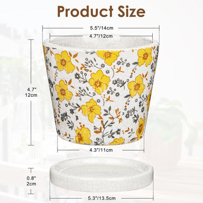 Small Ceramic Pot for Indoor Plants - 5.5 inch Plant Pot with Drainage Hole and Saucer Yellow Flower Decorative Planter Indoor Outdoor Pots for Succulent Cactus Pothos Plant Windowsill Home Garden