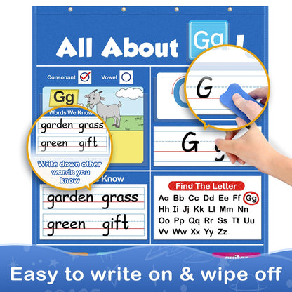 Torlam Alphabet Learning Pocket Chart Alphabet Wall Chart ABC Flash Cards Learning Games, Handwriting Practice Letter Tracing for Kids Homeschool Preschool Kindergarten Learning Activities Must Haves