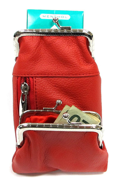 Deluxe Genuine Leather Cigarette and Lighter Case with Zipper Pocket Twist Clasp Kiss Lock Closure Fit 100's -Red